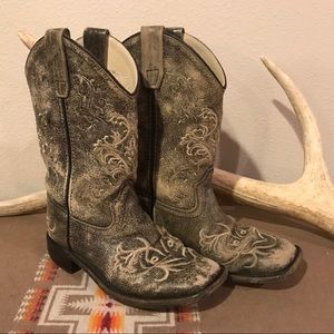 Vintage Girls Leather Square Toe Western Boot